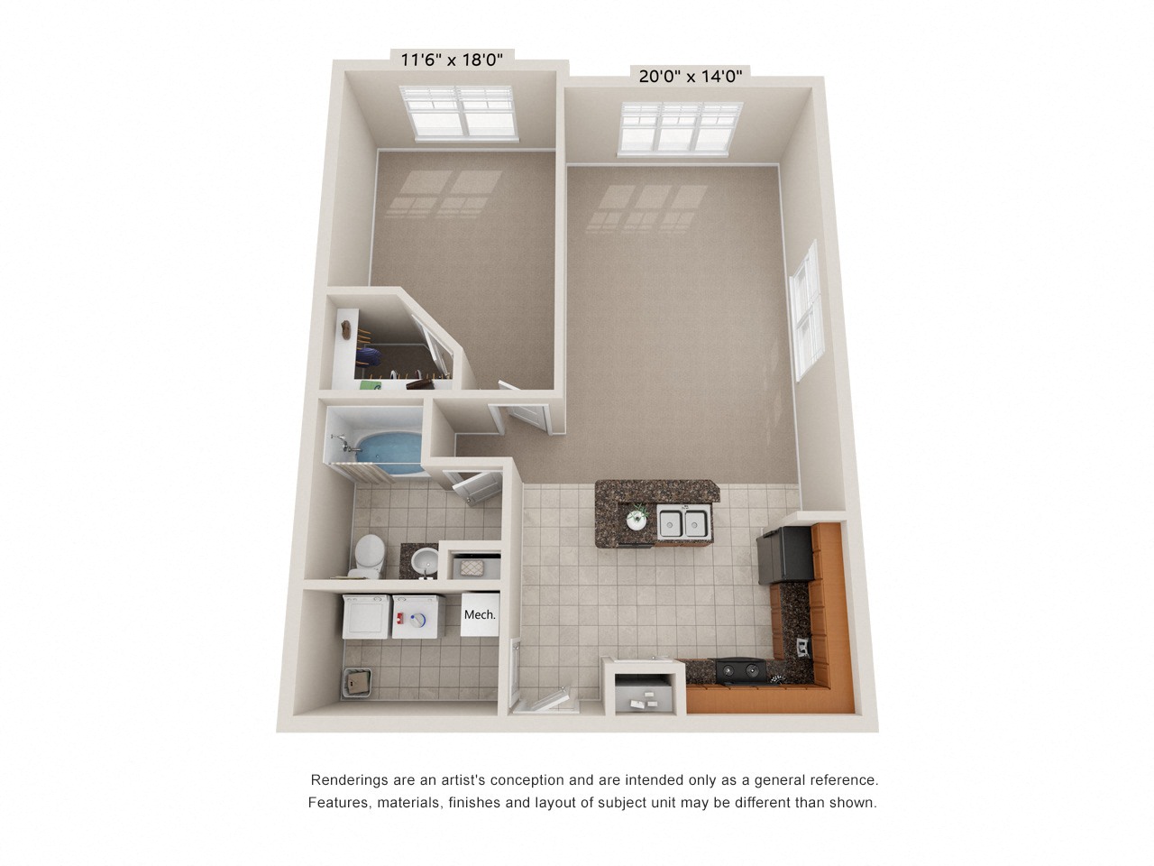 Floor plan for 1 bed, 1 bath, 859 sqft